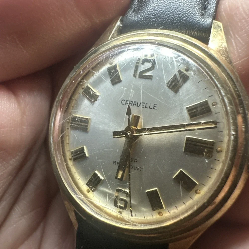 Works VTG 1970s Caravelle N1 Gold‎ Tone Mens Manual Wind 32mm Fit 7in Black Runs